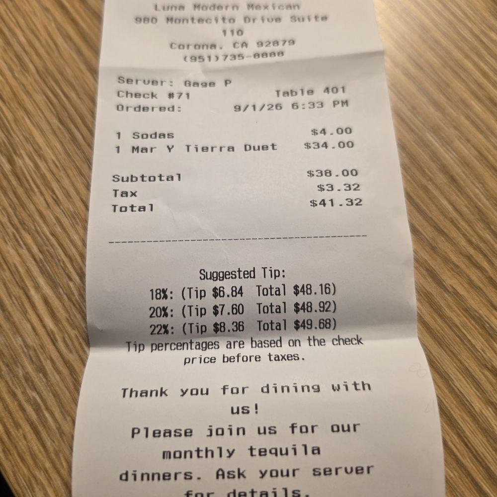 Luna Modern Mexican Kitchen - The initial receipt before tip - Mexican Near Me - Corona, California