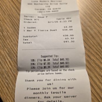 Luna Modern Mexican Kitchen - The initial receipt before tip - Mexican Near Me - Corona, California