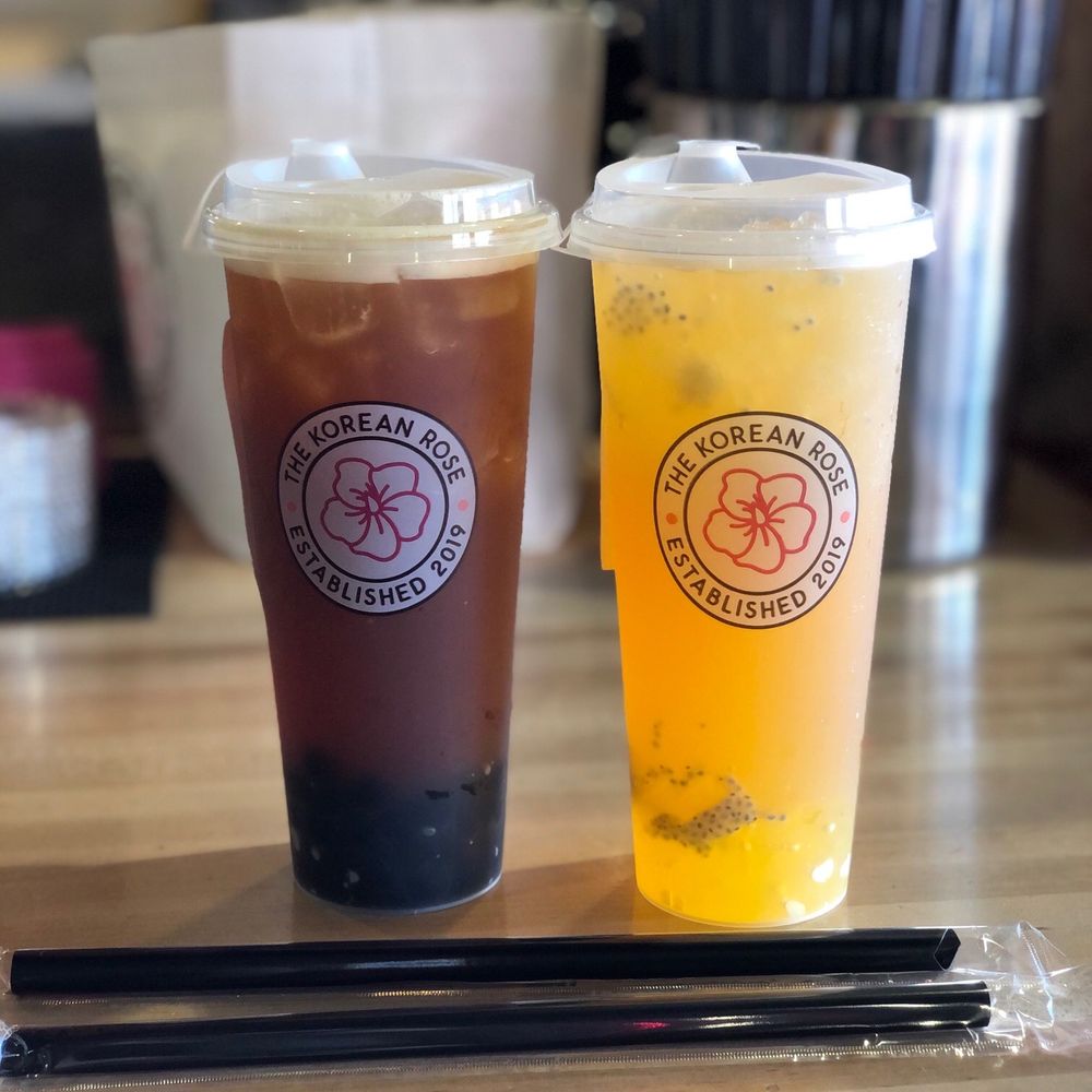 The Korean Rose - Peach black tea with boba (left) and POG (right) - Coffee & Tea Near Me - Tucson, Arizona The Korean Rose - Peach black tea with boba (left) and POG (right) - Coffee & Tea Near Me - Tucson, Arizona
