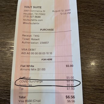 Tout Suite - COVID surcharge? Imagine as a customer going to establishments asking for a discount because of this pandemic. - Cafes Near Me - Houston, Texas Tout Suite - COVID surcharge? Imagine as a customer going to establishments asking for a discount because of this pandemic. - Cafes Near Me - Houston, Texas