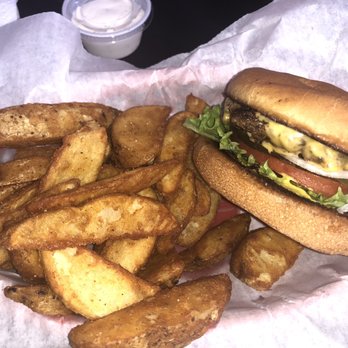 Bait Shop Burgers - My small cheeseburger and potato wedges. Super tasty - Burgers Near Me - Snyder, Oklahoma