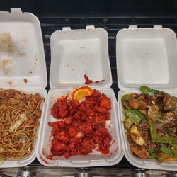 New Mulan Chinese Restaurant - (L-R): Chicken Lo Mein, 'orange' chicken and 'mongolian beef'...alledgedly