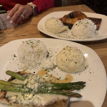 Bonefish Grill - Mahi Mahi up front and Salmon in the back. Mashed potatoes and rice are looking a little bit like "cafeteria style". - Seafood Near Me - Greenwood, Colorado