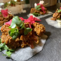 Juice By J - Vegan Tacos: Garbanzo Beans, Golden Beets, Kale, Watercress served on Radish w/side of Coconut Sweet Rice, Sambal, Micro Greens, Vegan Feta.