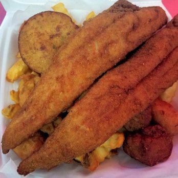 Captain J Seafood - Fried seafood platter A includes: 2 pc fish, 4 shrimp, 2 scallops, 1 crab cake, fries, hushpuppies and cole slaw - Seafood Near Me - Chesapeake, Virginia