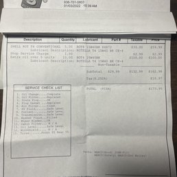 Today's receipt for oil change.