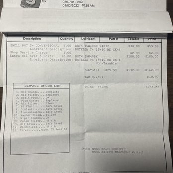 Take 5 Oil Change - Today's receipt for oil change. - Oil Change Stations Near Me - Conroe, Texas