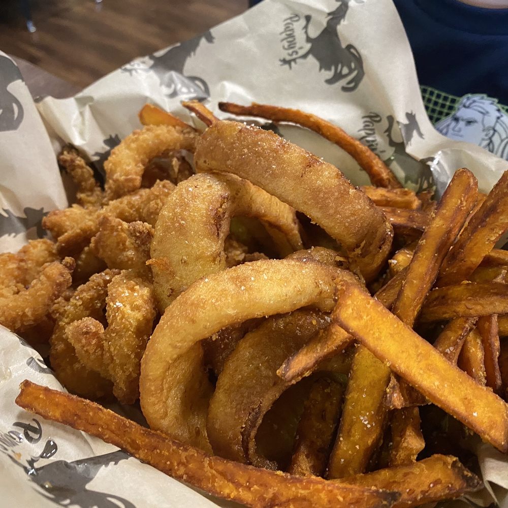 Pappy's - Chalk Hill - Fried shrimp with sweet potato fries and onion rings. - Burgers Near Me - Chalkhill, Pennsylvania Pappy's - Chalk Hill - Fried shrimp with sweet potato fries and onion rings. - Burgers Near Me - Chalkhill, Pennsylvania