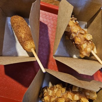 Wings Korean Chicken - Korean corn dogs: 2 potato w/cheese and one hot dog. - Chicken Wings Near Me - Sparks, Nevada Wings Korean Chicken - Korean corn dogs: 2 potato w/cheese and one hot dog. - Chicken Wings Near Me - Sparks, Nevada