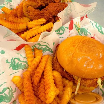 Fiery Chicken - Fiery Nashville Sandwich with Fries; 5pc TENDERS with Fries - American Near Me - Plano, Texas Fiery Chicken - Fiery Nashville Sandwich with Fries; 5pc TENDERS with Fries - American Near Me - Plano, Texas