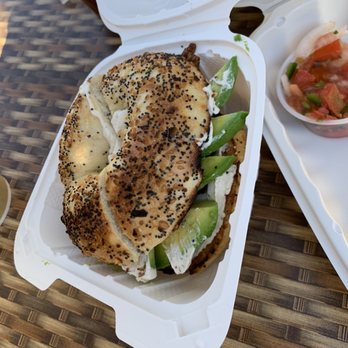 The Copper Q - Bagel w/Vegan chive cream cheese, avo, tempeh ..add some hot sauce and - Bakeries Near Me - Big Bear Lake, California