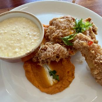 Big Jones - Lunch fried chicken (dark meat) with grits. - Southern Near Me - Chicago, Illinois Big Jones - Lunch fried chicken (dark meat) with grits. - Southern Near Me - Chicago, Illinois