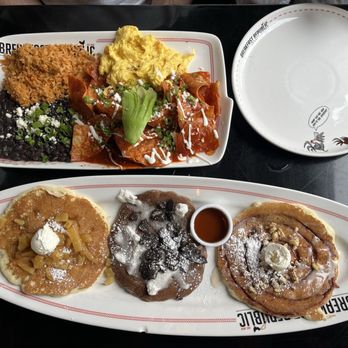 Breakfast Republic - Chilaquiles and pancake trio. - Breakfast & Brunch Near Me - Palm Desert, California Breakfast Republic - Chilaquiles and pancake trio. - Breakfast & Brunch Near Me - Palm Desert, California
