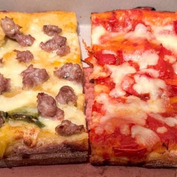 Potenza Centrale Pizza - Ordered a sausage pizza slice (sausage, yellow tomato, and homemade mozzarella) + cheese pizza slice (red tomato and home-made mozzarella) - Pizza Near Me - New York, New York