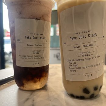 Chachago - H2 Grape Yakult Smoothie with passionfruit boba & A6 Jasmine Green Milk Tea with brown sugar boba - Bubble Tea Near Me - Fremont, California Chachago - H2 Grape Yakult Smoothie with passionfruit boba & A6 Jasmine Green Milk Tea with brown sugar boba - Bubble Tea Near Me - Fremont, California