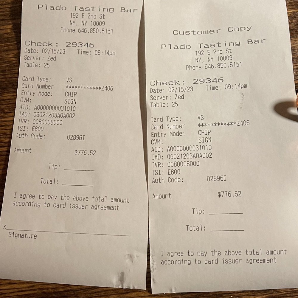 Plado - New York - Receipt - Tapas/Small Plates Near Me - New York, New York