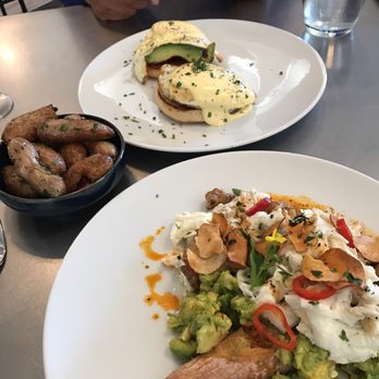 Eden - Egg scramble with crab and avocado Fingerling potatoes Grilled avocado fried egg and tomatoes - New American Near Me - Chicago, Illinois Eden - Egg scramble with crab and avocado Fingerling potatoes Grilled avocado fried egg and tomatoes - New American Near Me - Chicago, Illinois