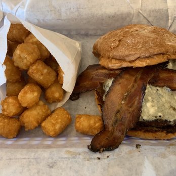 Tejas Burger Joint - Bleu cheese and bacon smoked burger with tots - Burgers Near Me - Tomball, Texas Tejas Burger Joint - Bleu cheese and bacon smoked burger with tots - Burgers Near Me - Tomball, Texas