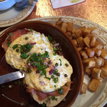 Another Broken Egg Cafe - Smoked Salmon Benny with breakfast potatoes - Cafes Near Me - Atlanta, Georgia