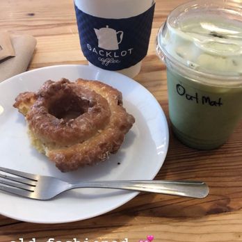 Backlot Coffee - Old fashioned donut (delicious) with oat milk matcha ice latte and cup of coffee - Coffee & Tea Near Me - Evanston, Illinois