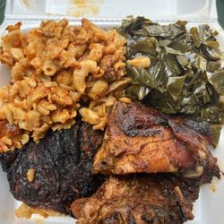 Kelly's Jamaican Foods - Large plate with jerk chicken, mac and cheese, and collard greens