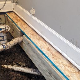 One of the new joists with 1st strip of subfloor One of the new joists with 1st strip of subfloor