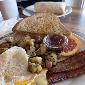 Blue Valley Bistro Coburg - American breakfast with over-hard eggs and the breakfast burrito. - Coffee & Tea Near Me - Coburg, Oregon