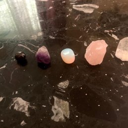 Garnet, purple fluorite, opalite, rose quartz, clear quartz Garnet, purple fluorite, opalite, rose quartz, clear quartz
