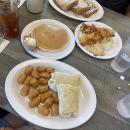 Breakfast burrito, pancake, French toast and hash browns