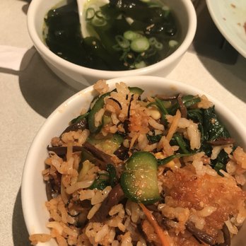 Anjin - Mixed Seasoned Mix Vegetable and Ground Chicken on Rice in Hot Stone Pot w Soup (separated into bowls) - Japanese Near Me - Costa Mesa, California