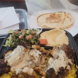 Kafta and. Hicken swarma with hummus and tabouleh