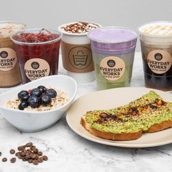 Everyday Works - Variety of drinks and foods such as avocado toast, overnight oats, lattes, matcha, cold brew