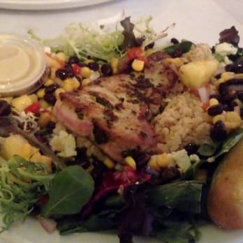Pesto's - "Healthy Eating" Pesto Tuna - Seared tuna, black bean mango salsa, brown rice, mixed greens, Gorgonzola, bread stick - YUM! - Italian Near Me - Flint, Michigan Pesto's - "Healthy Eating" Pesto Tuna - Seared tuna, black bean mango salsa, brown rice, mixed greens, Gorgonzola, bread stick - YUM! - Italian Near Me - Flint, Michigan