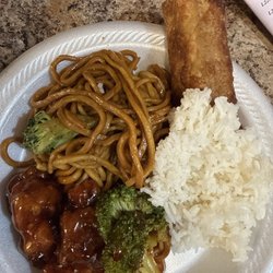 General Tso's chicken, egg roll, vegetable lo mein, and white rice