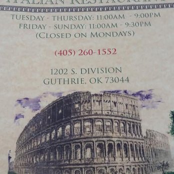 Roma's Italian Restaurant - Menu with address, phone number, and hours of Roma's in Guthrie, OK. - Italian Near Me - Guthrie, Oklahoma Roma's Italian Restaurant - Menu with address, phone number, and hours of Roma's in Guthrie, OK. - Italian Near Me - Guthrie, Oklahoma