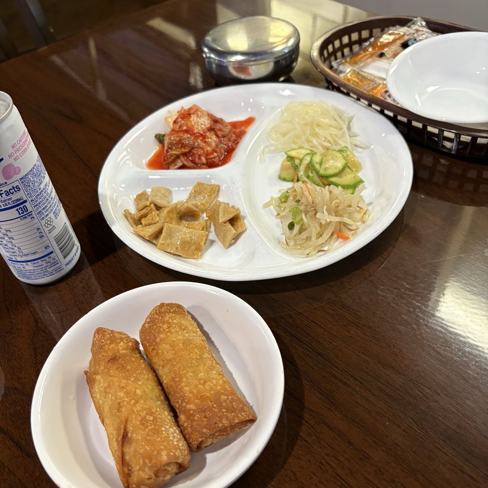 Pork egg rolls and banchan