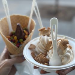 Eb & Bean - If you get a bowl, they give you more ice cream. Vegan Horchata in the bowl. Vegan Chocolate caramel in the cone.