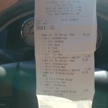 Sonic Drive-In - Receipt - Burgers Near Me - Cathedral City, California Sonic Drive-In - Receipt - Burgers Near Me - Cathedral City, California