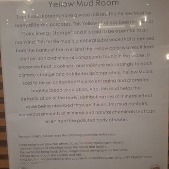 King Spa - Yellow Mud Room Sauna. These signs were posted in front of every room, providing details of the benefits and what it is. - Massage Therapy Near Me - Chantilly, Virginia