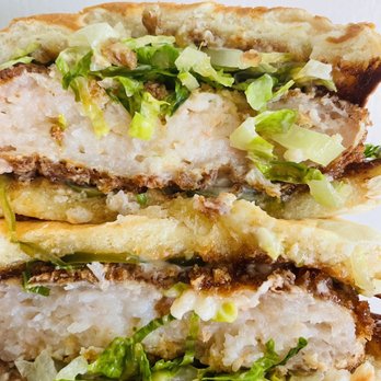 Bopomofo Cafe - Cross-section of the Honey Walnut Shrimp Burger--delish! - Bubble Tea Near Me - Artesia, California Bopomofo Cafe - Cross-section of the Honey Walnut Shrimp Burger--delish! - Bubble Tea Near Me - Artesia, California