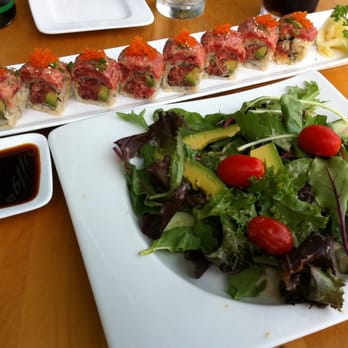 Genki Ya - Double Spicy Tuna Roll and Organic Salad with houses-made dressing (which is reason enough to get the salad!!) - Sushi Bars Near Me - Brookline, Massachusetts Genki Ya - Double Spicy Tuna Roll and Organic Salad with houses-made dressing (which is reason enough to get the salad!!) - Sushi Bars Near Me - Brookline, Massachusetts