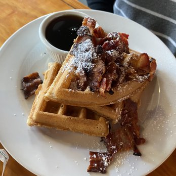 Blue Surf Cafe - Buttermilk waffles with maple and bacon - Cafes Near Me - Wilmington, North Carolina Blue Surf Cafe - Buttermilk waffles with maple and bacon - Cafes Near Me - Wilmington, North Carolina