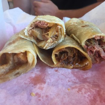 Burritos La Palma - From left to right: chicharron, tinga, birria, deshebrada. All delicious in their own unique ways. - Mexican Near Me - El Monte, California