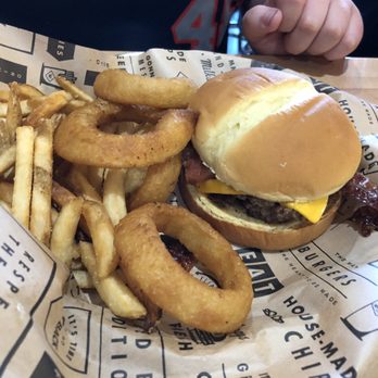 Wayback Burgers - Bacon cheese burger with fries / onion ring mix. - Hot Dogs Near Me - Wilson, North Carolina Wayback Burgers - Bacon cheese burger with fries / onion ring mix. - Hot Dogs Near Me - Wilson, North Carolina