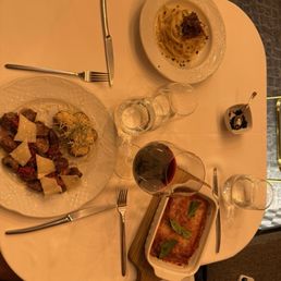 Pasta carbonara, meat lasagna, and Veal scallopini. Pasta carbonara, meat lasagna, and Veal scallopini.