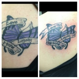 on the left... love LOGALTY hope Line work kind of crappy and colors faded. Right love loyalty hope. Colors look sharp n clean! on the left... love LOGALTY hope Line work kind of crappy and colors faded. Right love loyalty hope. Colors look sharp n clean!