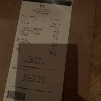 Norma - Everything on this receipt was amazing. - Pizza Near Me - New York, New York
