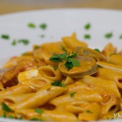 Four Brothers Pizza Inn - Penne alla Vodka with sausage and house-pulled fresh mozzarella