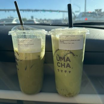 Ümacha - iced dirty matcha / iced strawberry latte + mango strawberry jelly - Coffee & Tea Near Me - Las Vegas, Nevada Ümacha - iced dirty matcha / iced strawberry latte + mango strawberry jelly - Coffee & Tea Near Me - Las Vegas, Nevada