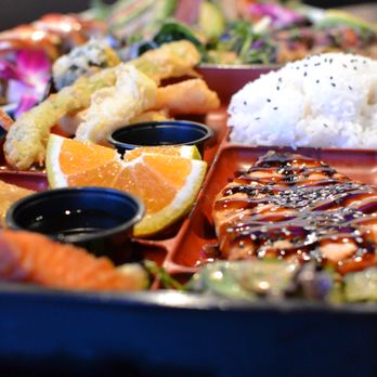 Sushi Okoku - Okoku Bento Box (3 item: [right] salmon teriyaki, [bottom left] salmon collar, [top left] mixed tempura) - Sushi Bars Near Me - Riverside, California